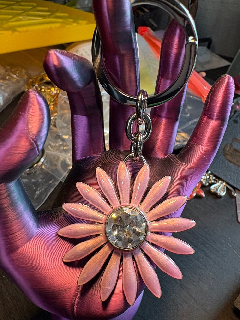 Coach Pink Daisy Crystal Keychain Key & Card Holder